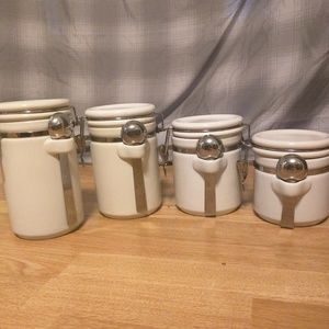White & Chrome Set of 4 Food Canisters w/spoons